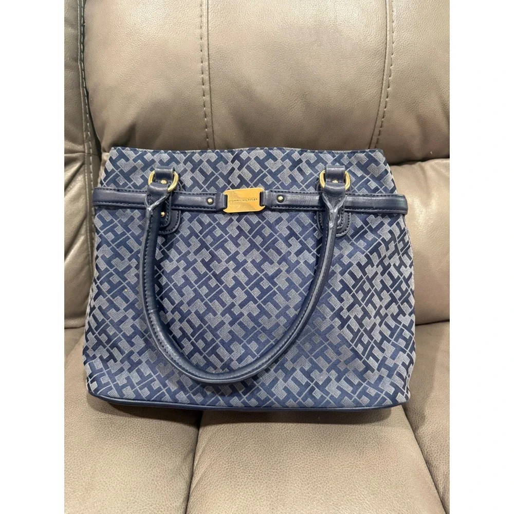 Tommy‎ Hilfiger Navy Blue Monogram Jacquard Satchel Handbag Gold Hardware Logo